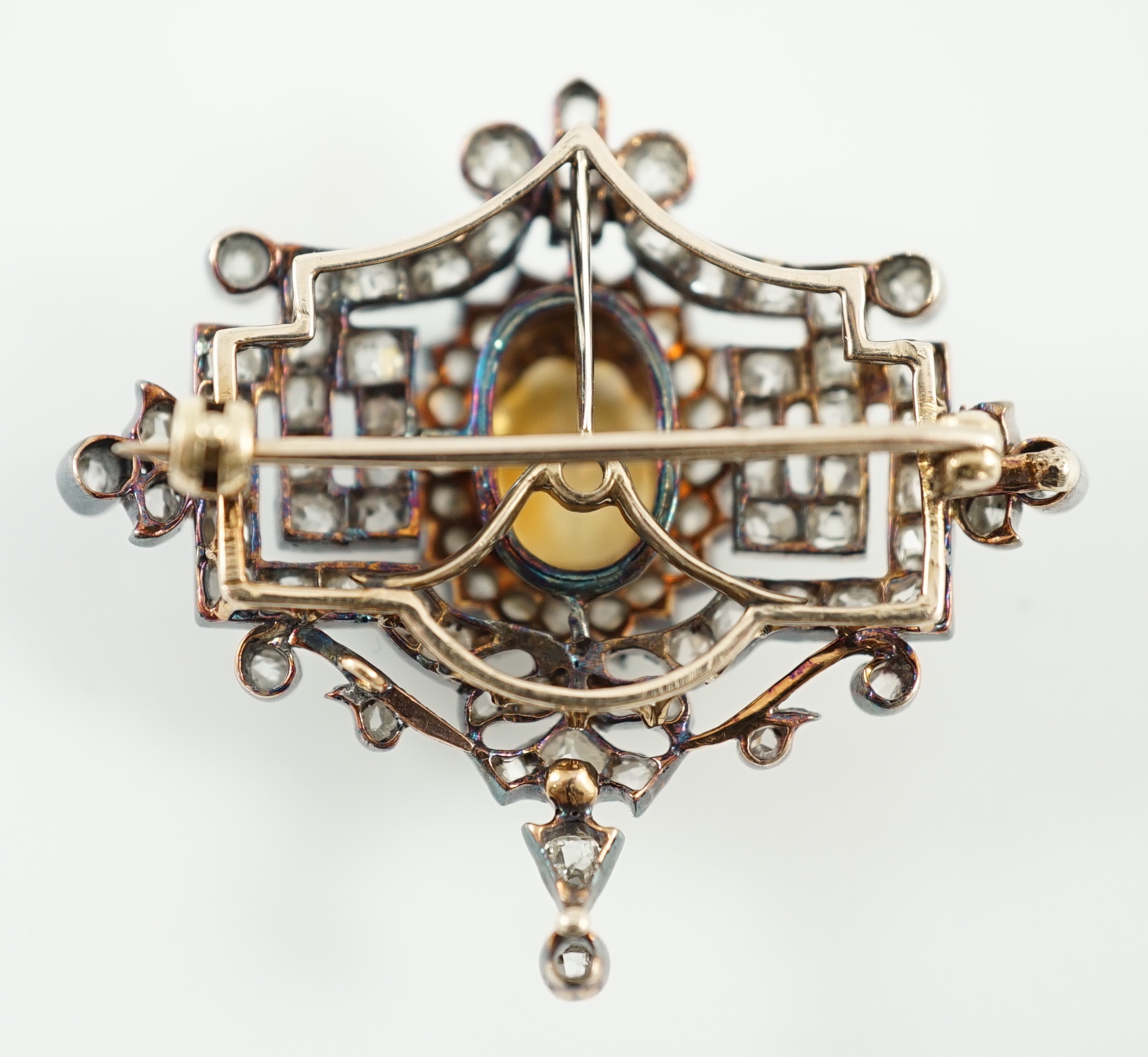 A 19th century gold and silver, rose cut diamond cluster and single stone oval citrine set brooch